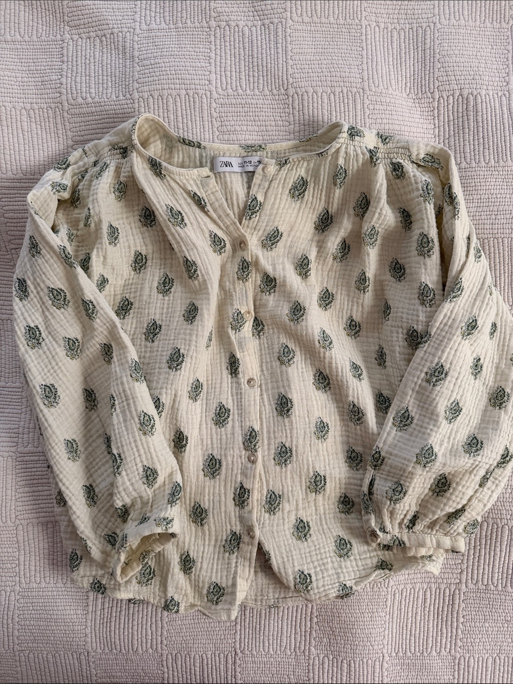 Zara Cream Button-Front Printed Peasant Blouse with Green Motif